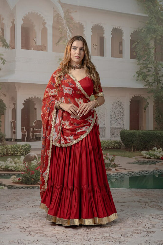 Red Tiered Lehenga Set with Nandi & Krishna Motif Dupatta