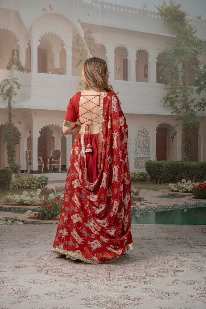 Red Tiered Lehenga Set with Nandi & Krishna Motif Dupatta
