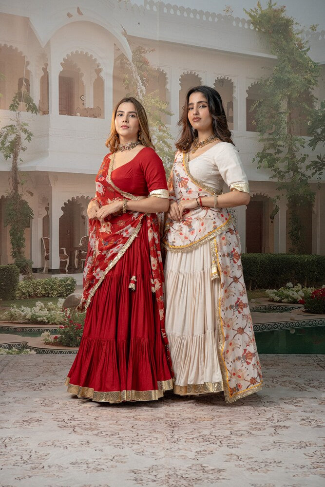 Red Tiered Lehenga Set with Nandi & Krishna Motif Dupatta