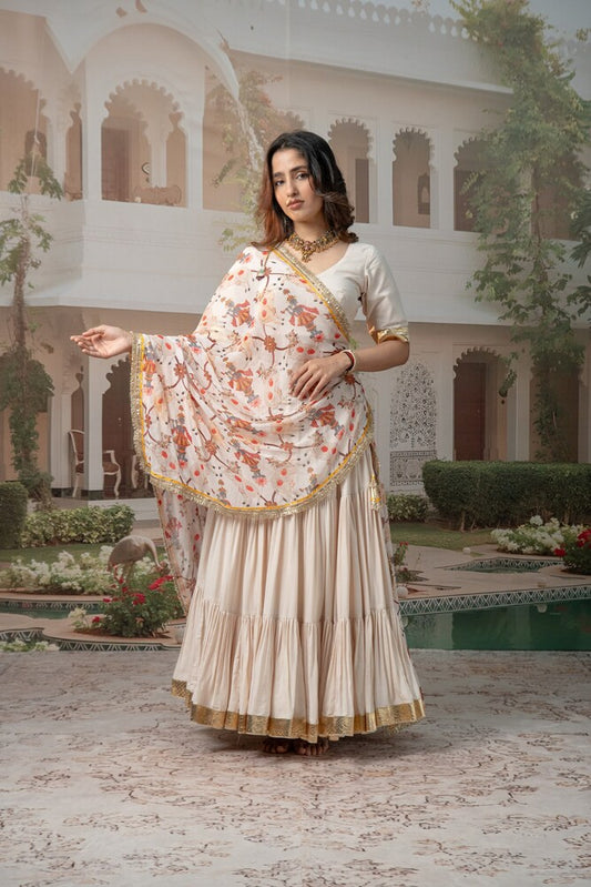 Ivory Tiered Lehenga Set with Floral Motif Dupatta