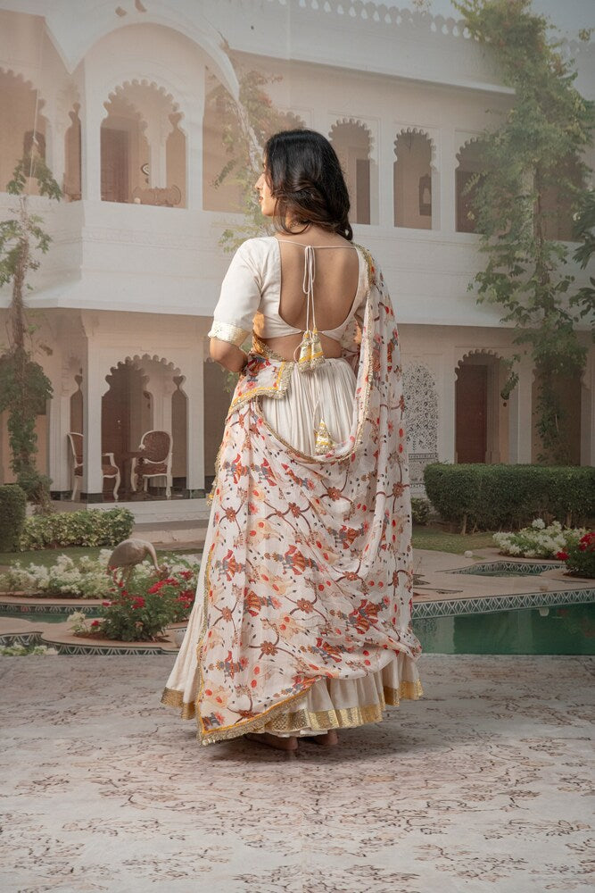 Ivory Tiered Lehenga Set with Floral Motif Dupatta