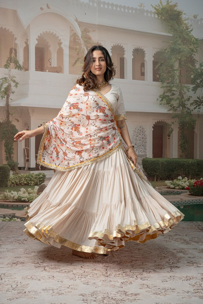 Ivory Tiered Lehenga Set with Floral Motif Dupatta