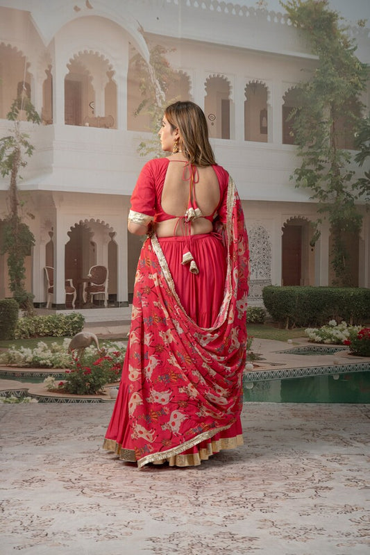 Carrot Red tiered Lehenga Set with Nandi & Krishna Motif Dupatta