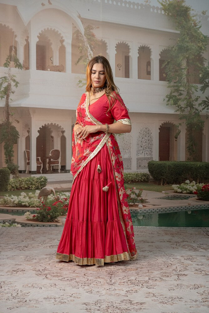 Carrot Red tiered Lehenga Set with Nandi & Krishna Motif Dupatta