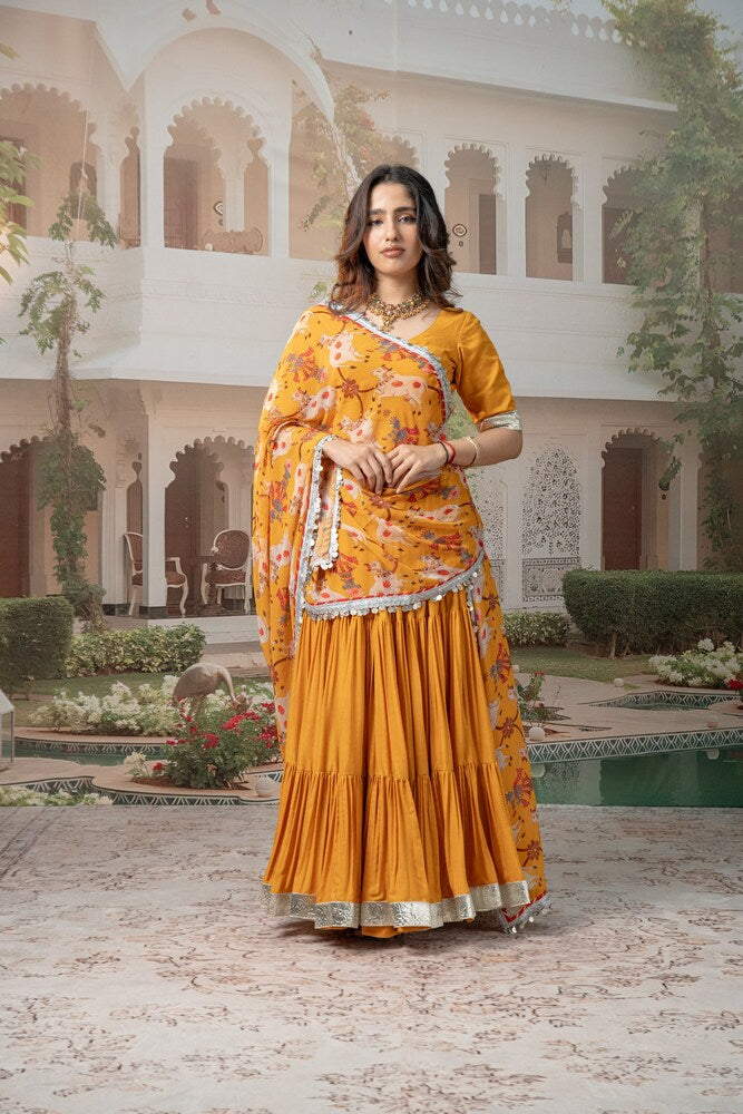 Turmeric Yellow Tiered Lehenga Set with Floral Motif Dupatta