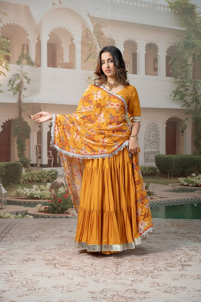 Turmeric Yellow Tiered Lehenga Set with Floral Motif Dupatta