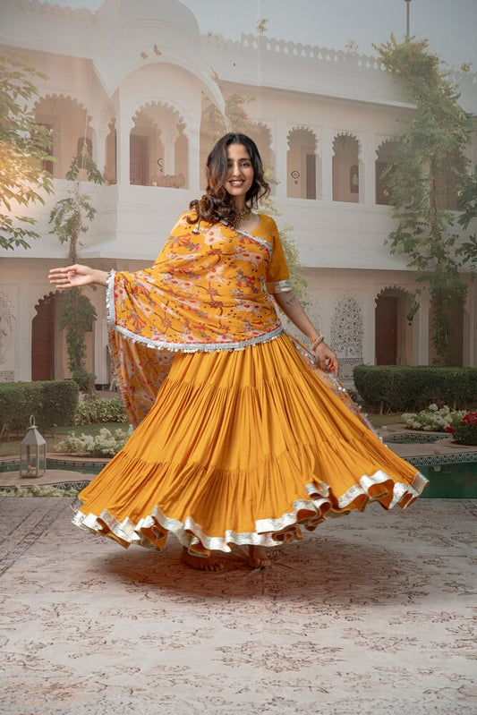 Turmeric Yellow Tiered Lehenga Set with Floral Motif Dupatta