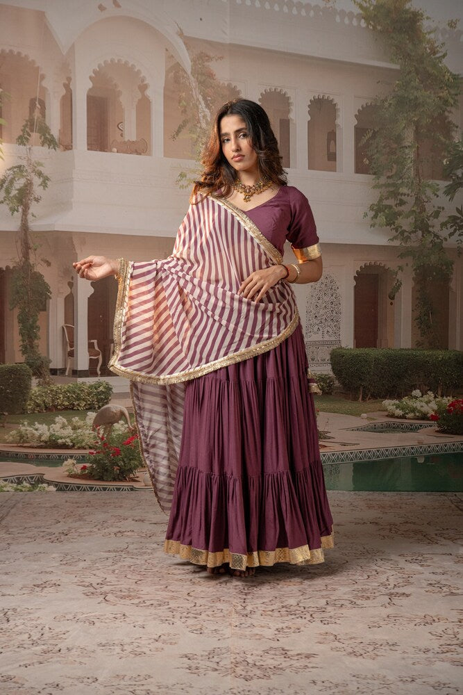 Lilac Tiered Lehenga Set with Striped Motif Dupatta