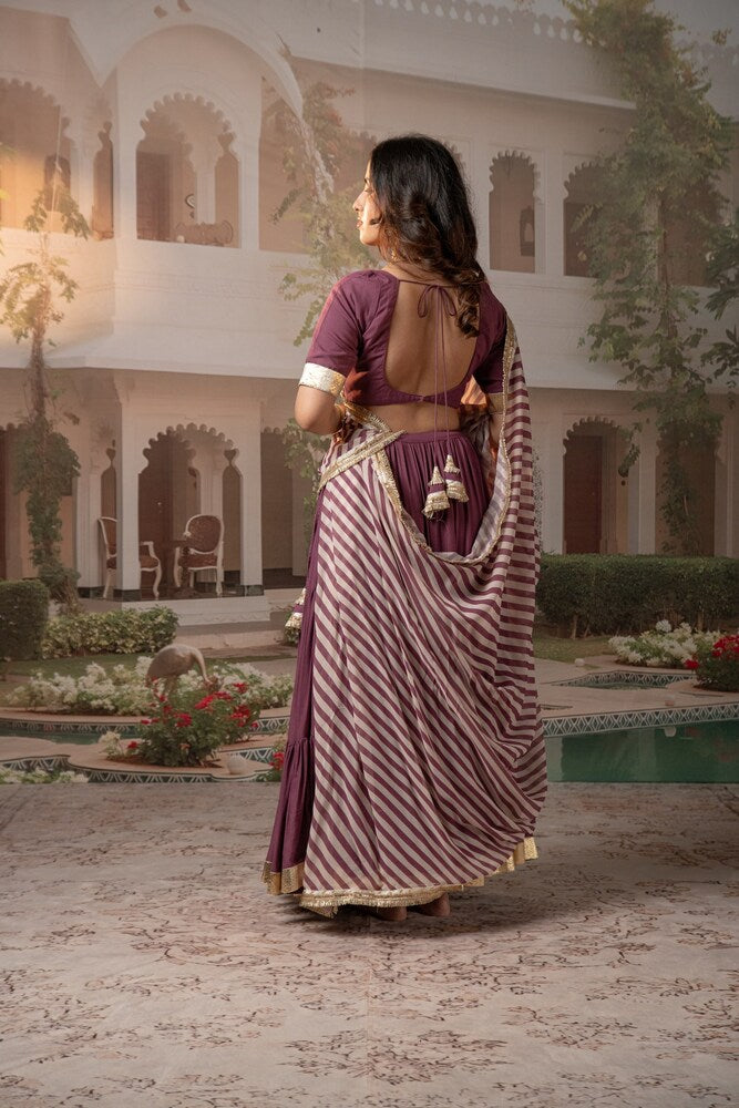 Lilac Tiered Lehenga Set with Striped Motif Dupatta