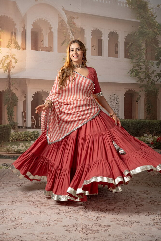 Coral Pink Tiered Lehenga Set with Striped Motif Dupatta