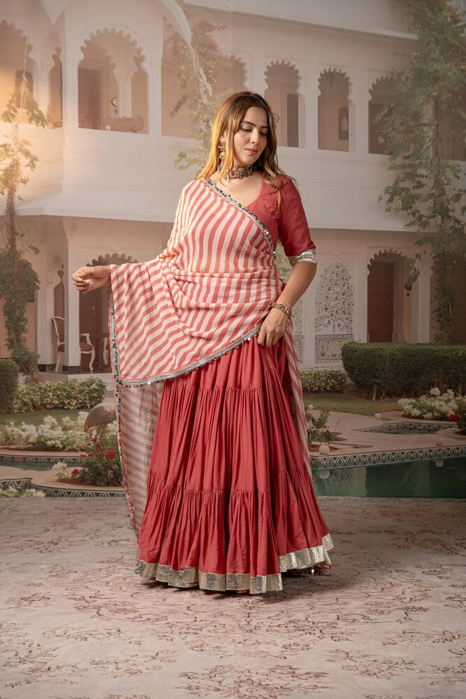 Coral Pink Tiered Lehenga Set with Striped Motif Dupatta