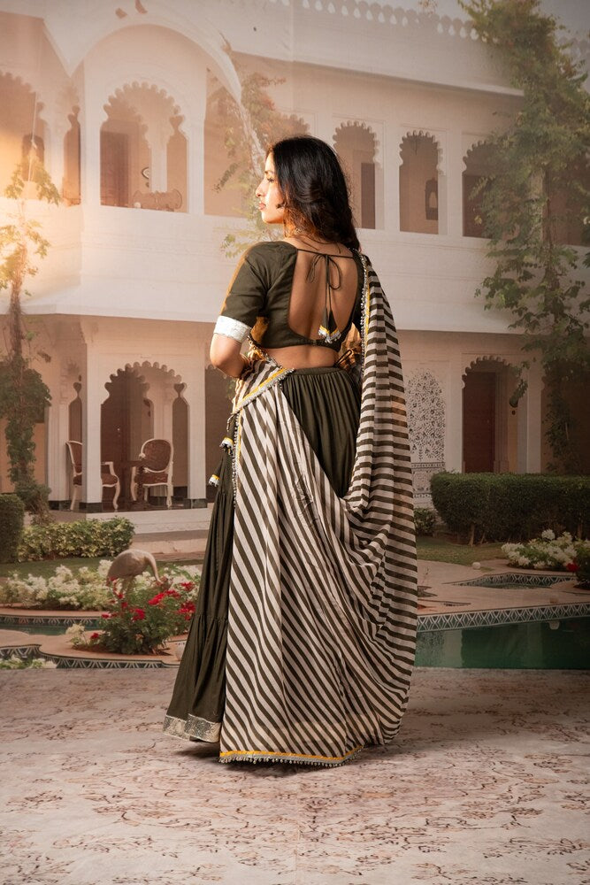 Moss Green Tiered Lehenga Set with Striped Motif Dupatta