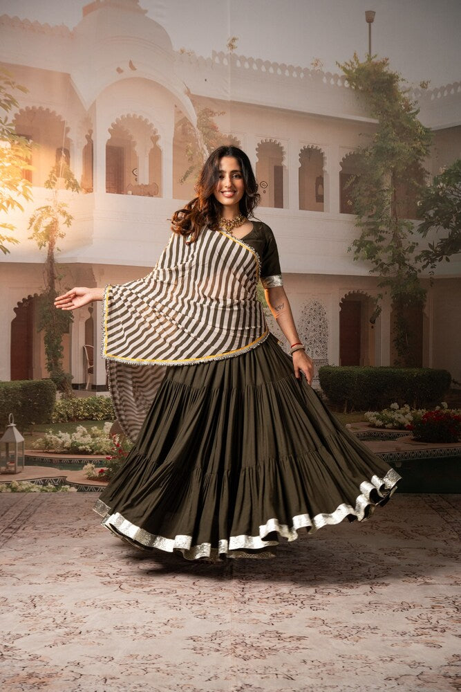 Moss Green Tiered Lehenga Set with Striped Motif Dupatta
