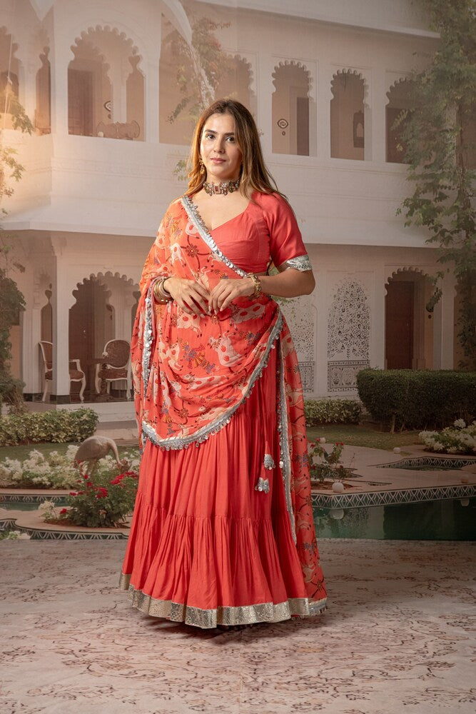 Peach Tiered Lehenga Set with Nandi & Krishna Motif Dupatta