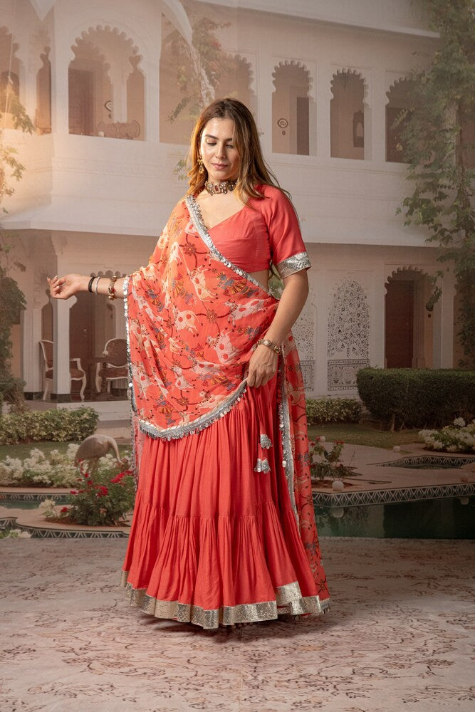 Peach Tiered Lehenga Set with Nandi & Krishna Motif Dupatta