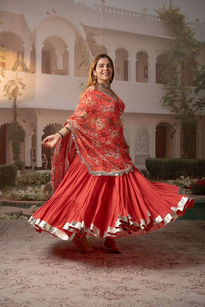 Peach Tiered Lehenga Set with Nandi & Krishna Motif Dupatta