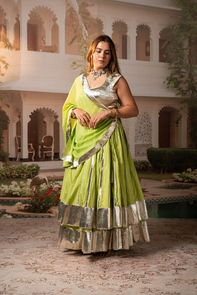 Lime Green Lampa Silver Double Layer Lehenga Set