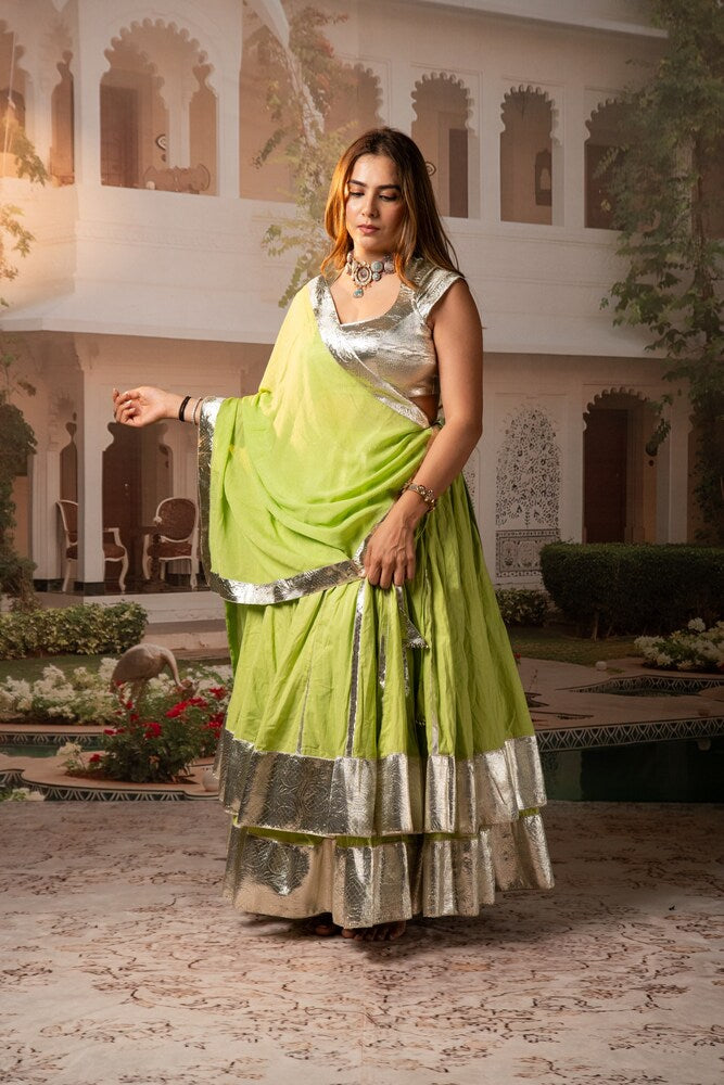 Lime Green Lampa Silver Double Layer Lehenga Set