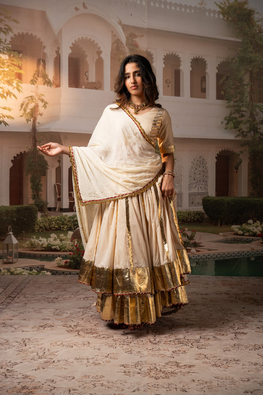 Beige Lampa Gold Double Layer Lehenga Set