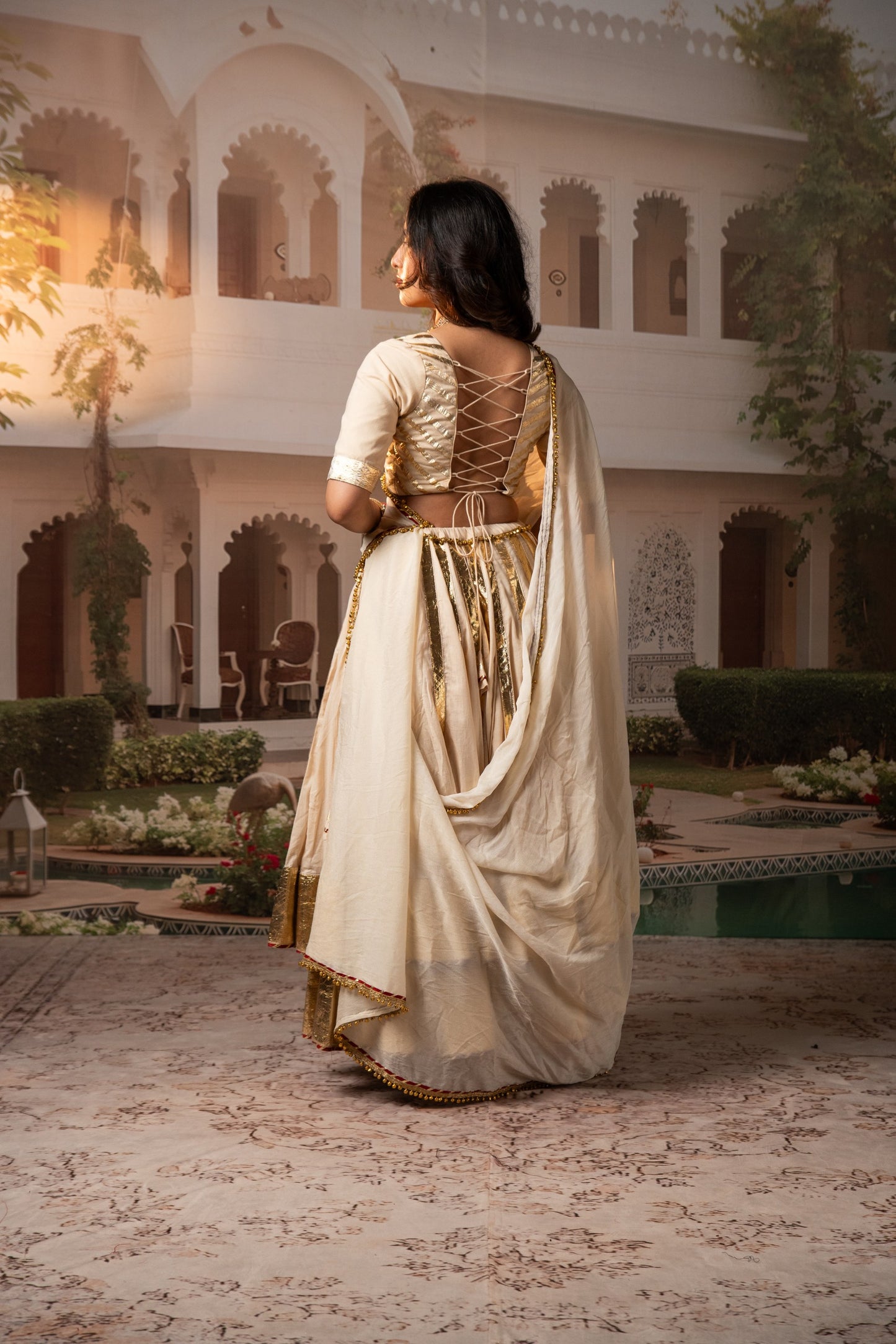 Beige Lampa Gold Double Layer Lehenga Set