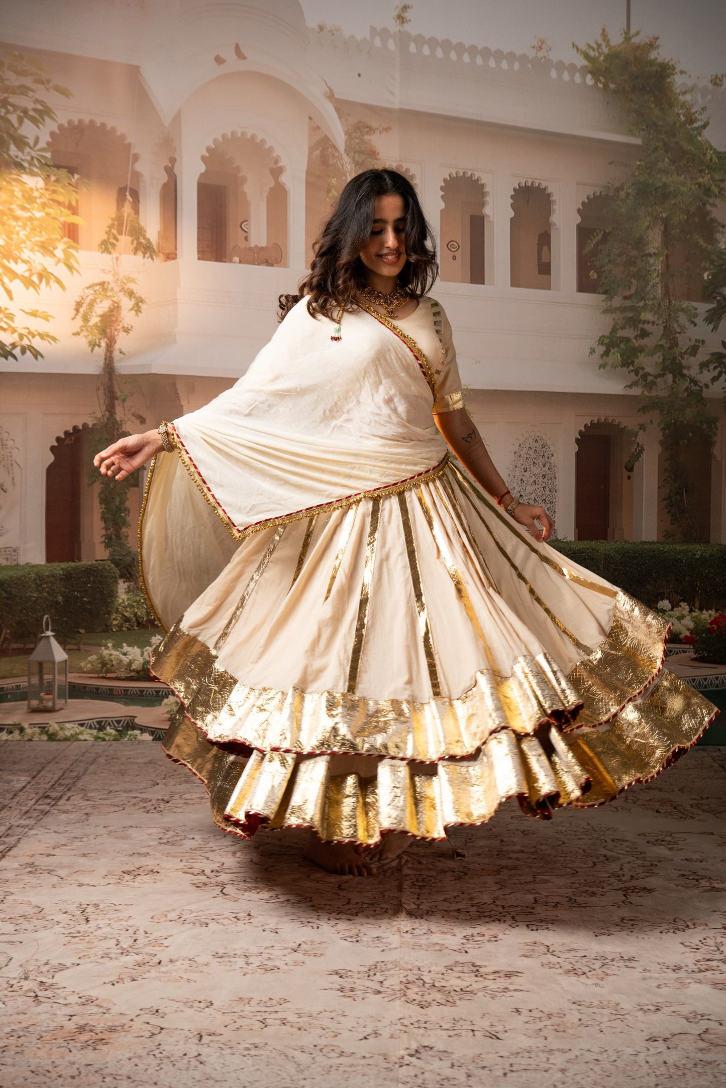 Beige Lampa Gold Double Layer Lehenga Set