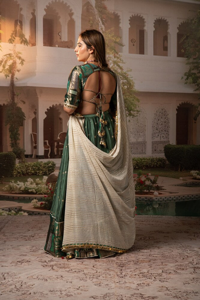 Sneha Moss Green Contrast Border Lehenga Set