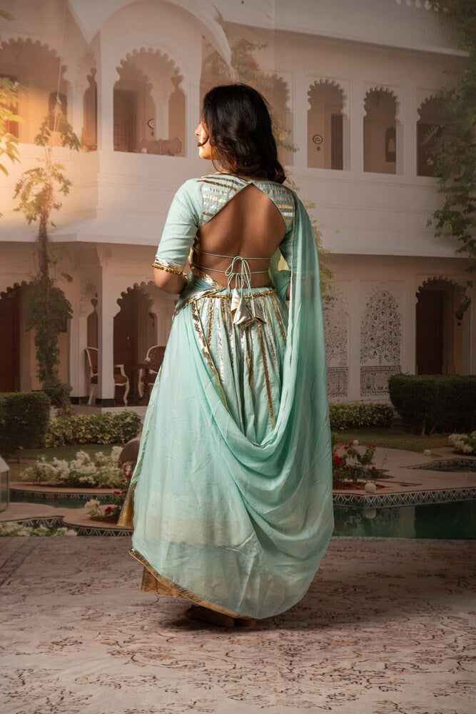 Pastel Blue Lampa Gold Double layer Lehenga Set