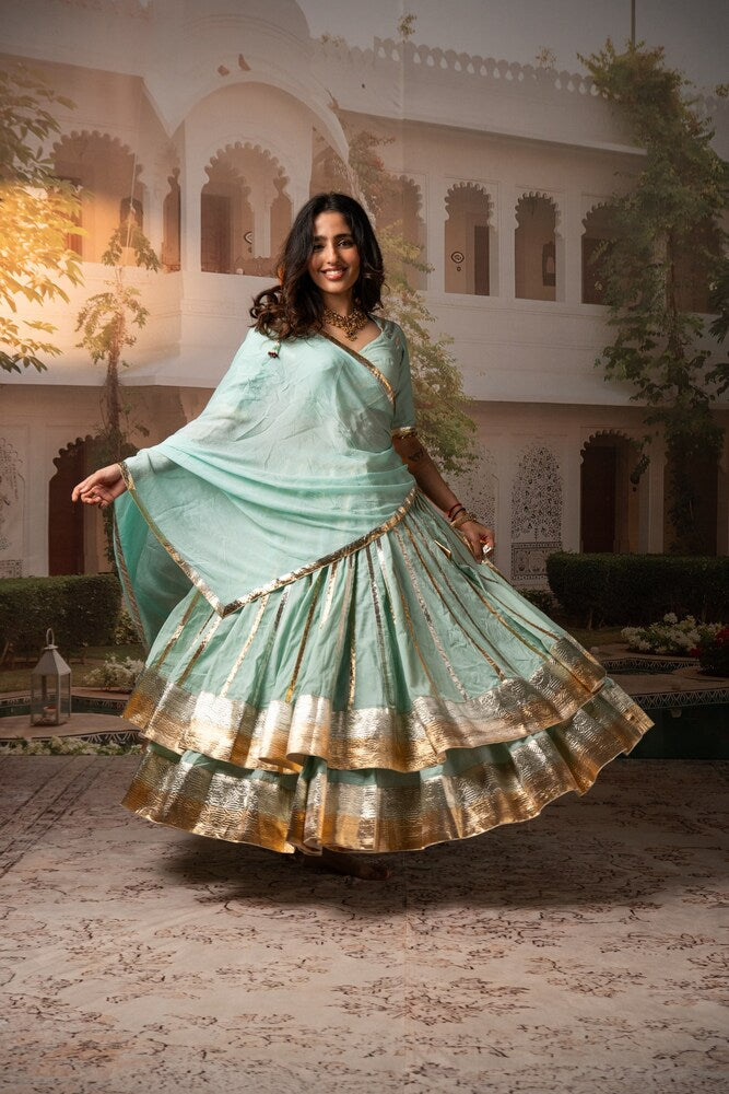 Pastel Blue Lampa Gold Double layer Lehenga Set
