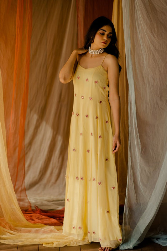 Yellow Georgette Embroidered Dress
