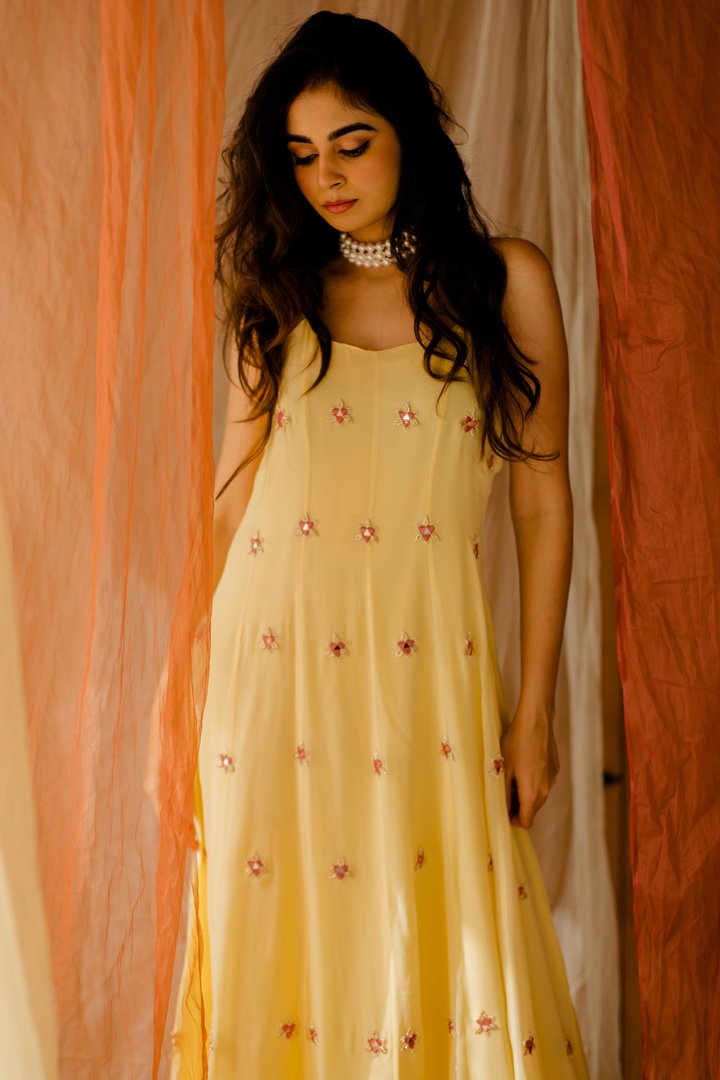 Yellow Georgette Embroidered Dress