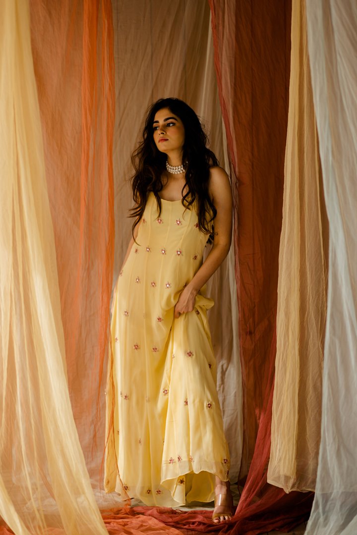 Yellow Georgette Embroidered Dress