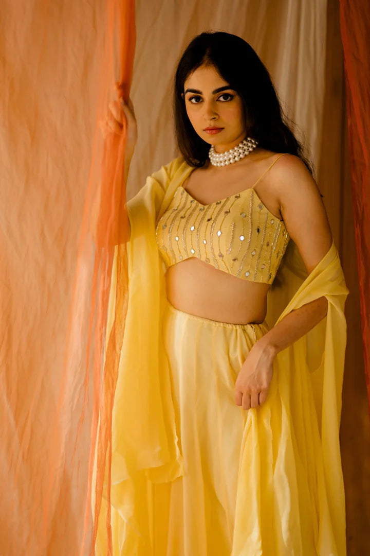 Ramya Yellow Embroidered Cape with wide pants Set