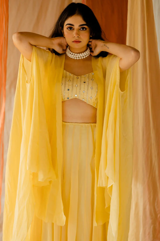 Ramya Yellow Embroidered Cape with wide pants Set