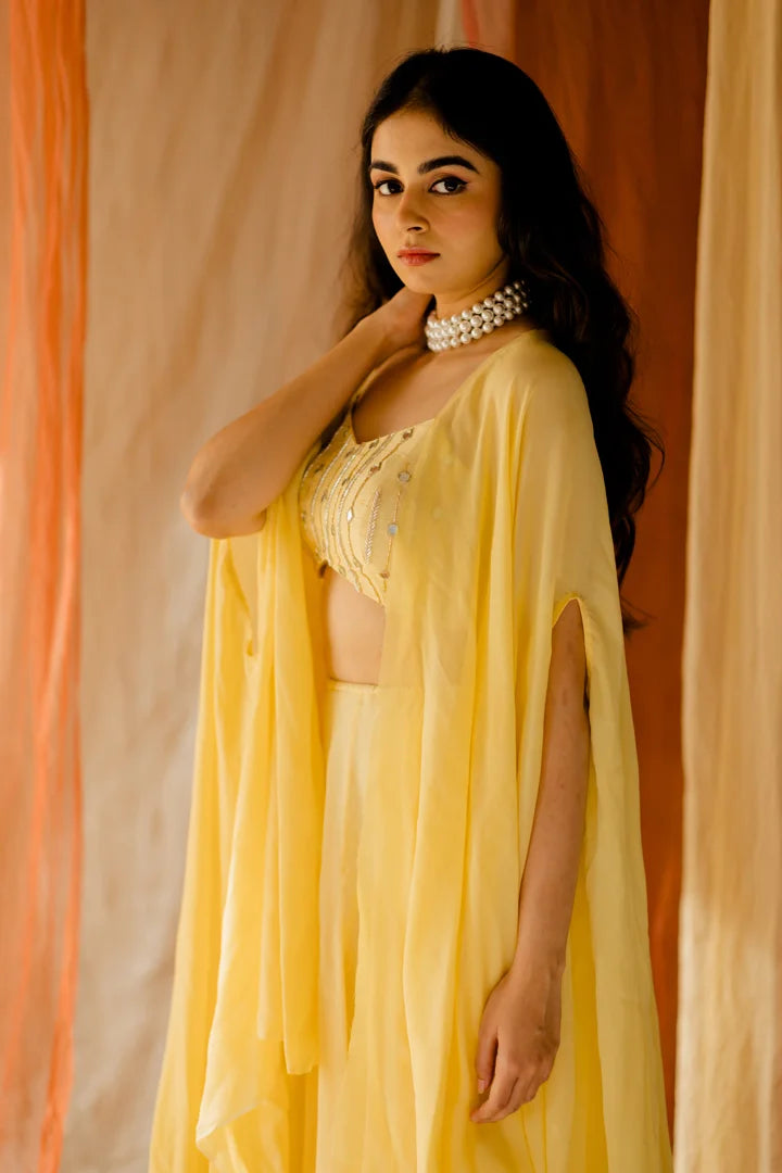 Ramya Yellow Embroidered Cape with wide pants Set