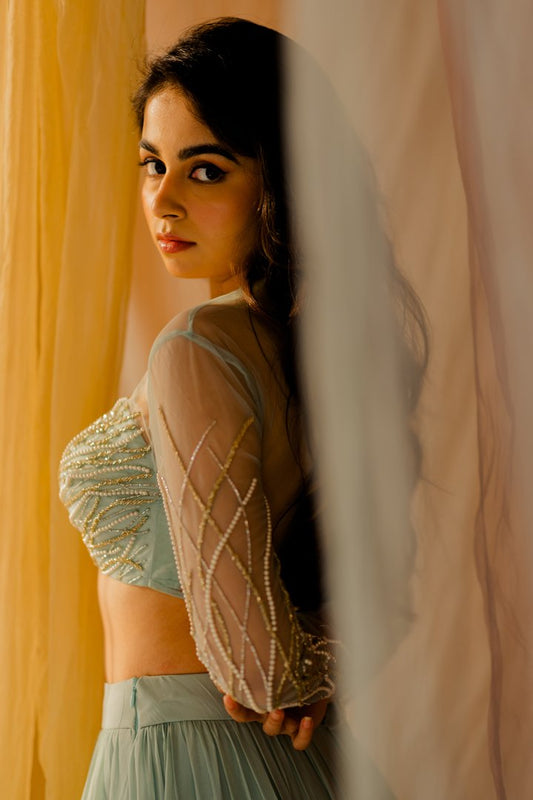 Powder Blue Georgette Tiered Lehenga Set