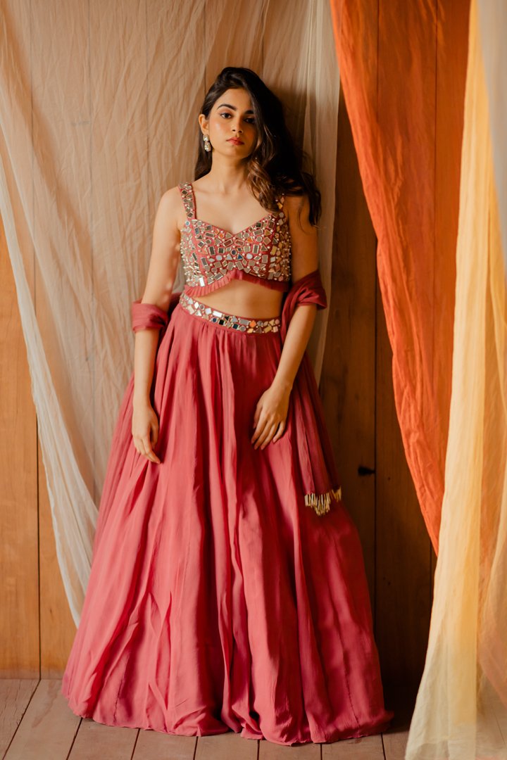 Roza Dusty rose Mirrorwork Lehenga Set