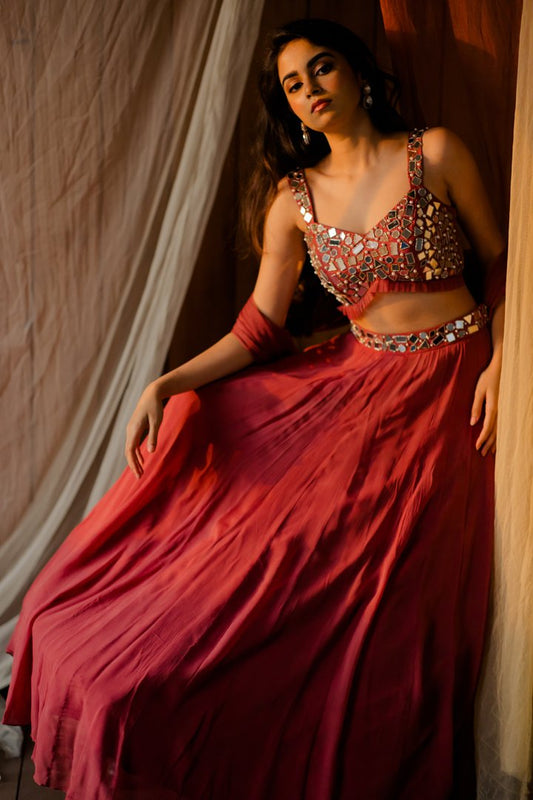 Roza Dusty rose Mirrorwork Lehenga Set