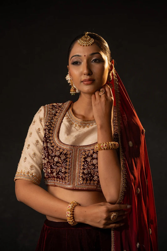 Rivaya Maroon Brocade Raw Silk & Velvet Lehenga with Crepe Dupatta