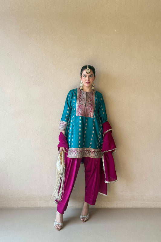 Malvika Teal Blue Benarasi Pakistani Style Kurta Set