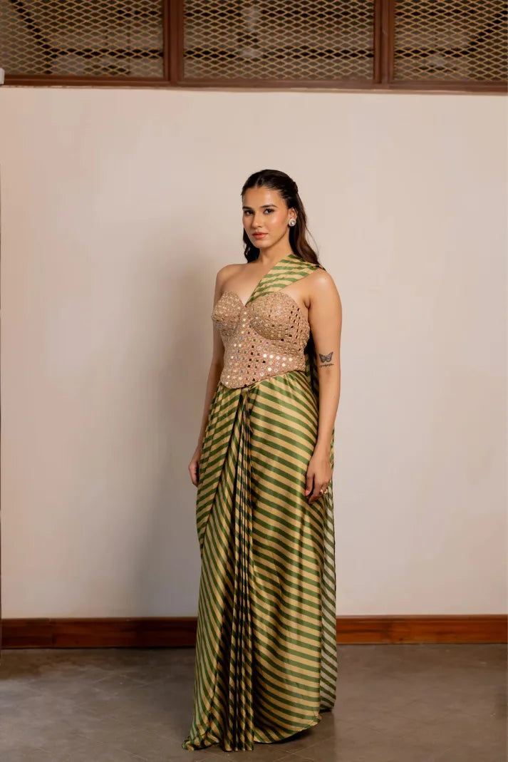 Nayra Green & Gold Pre-Draped Saree Set with Embroidered Corset Blouse