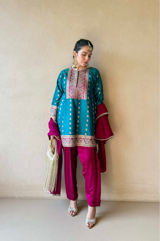Malvika Teal Blue Benarasi Pakistani Style Kurta Set
