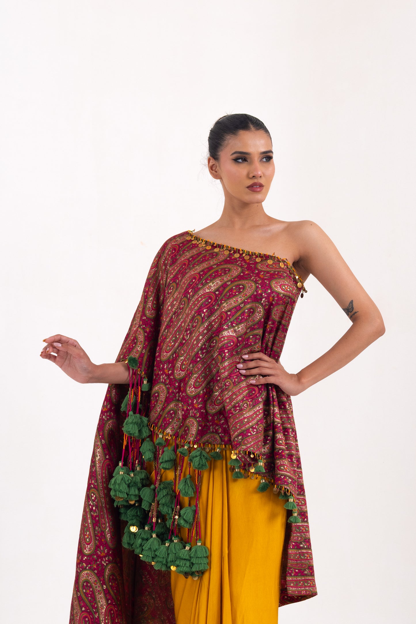 Sarayah Green Brocade Assymetrical Top with draped skirt