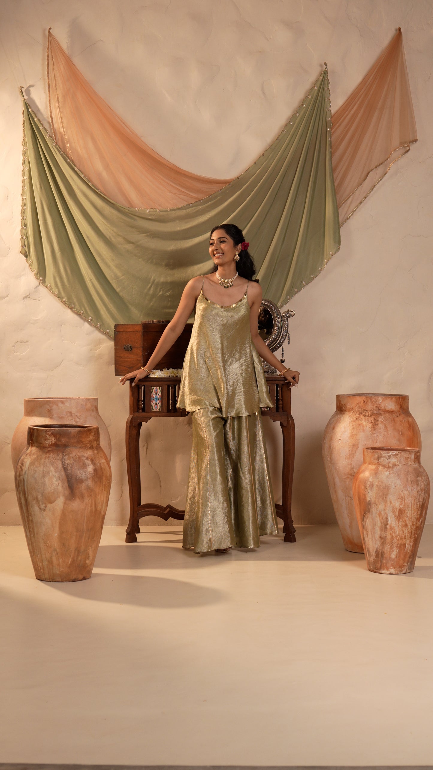 Zeenat Bronze Peach Embroidered Kurta & Gharara Set