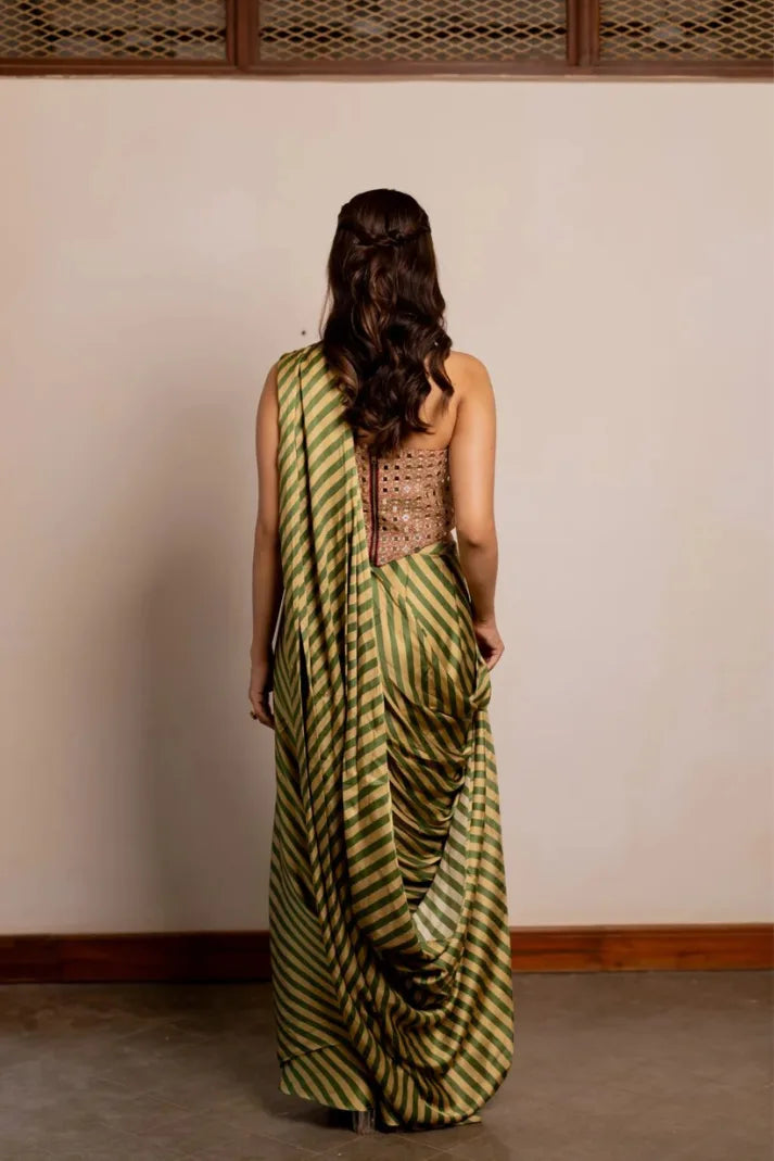 Nayra Green & Gold Pre-Draped Saree Set with Embroidered Corset Blouse
