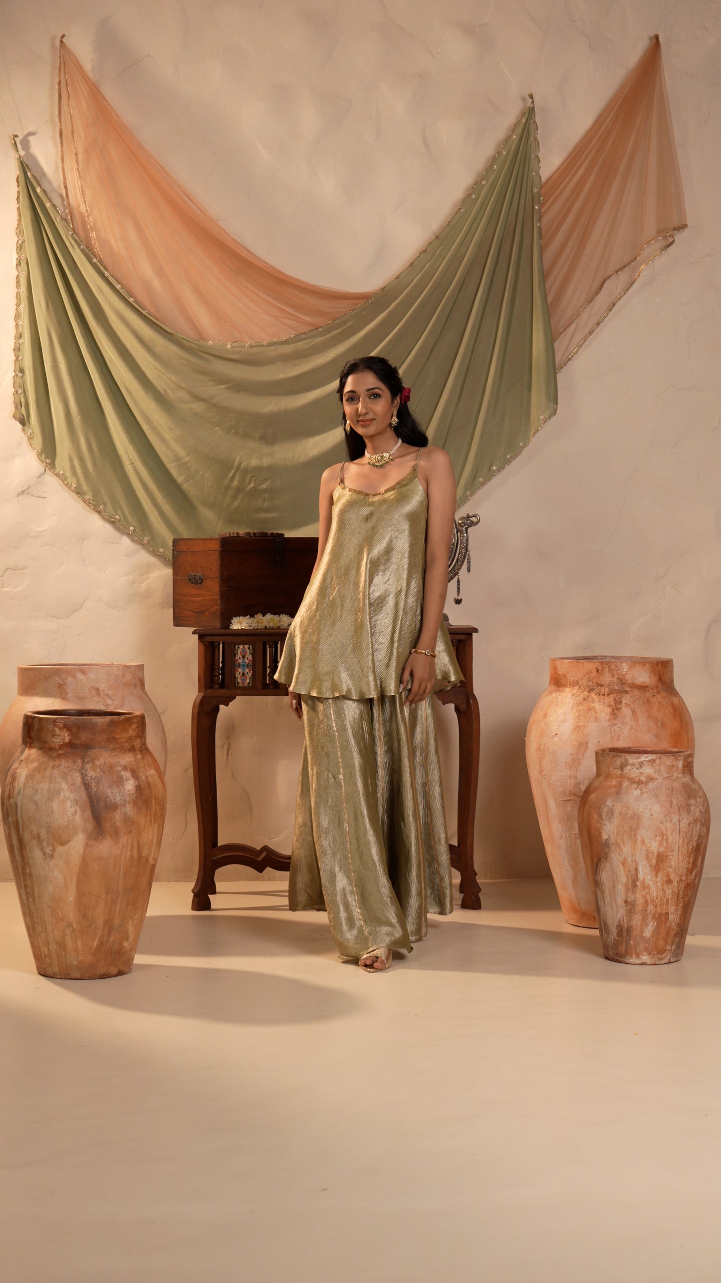 Zeenat Bronze Peach Embroidered Kurta & Gharara Set