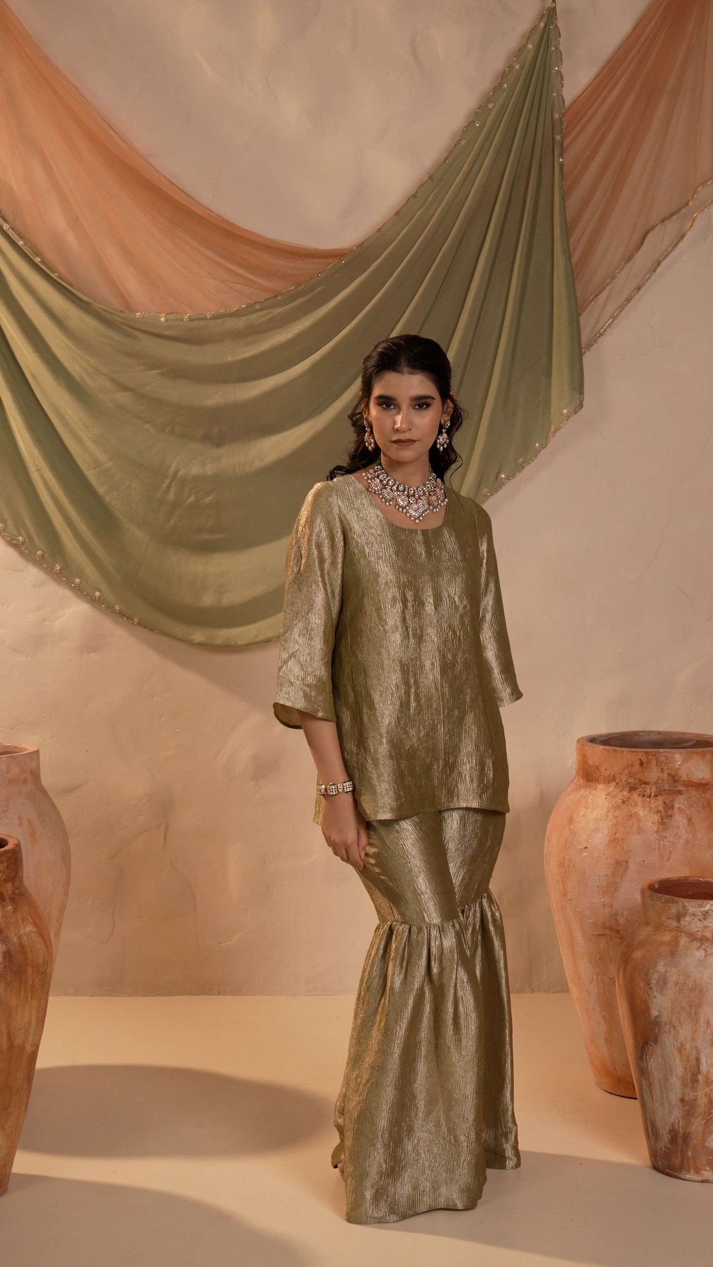 Sharmila Peach Grey Sharara Set