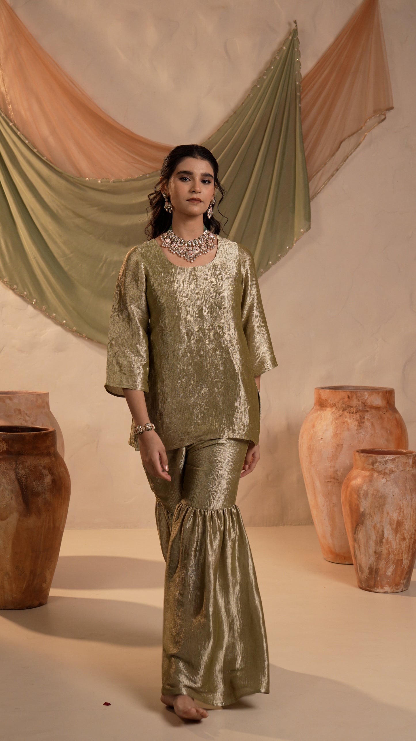 Sharmila Peach Grey Sharara Set