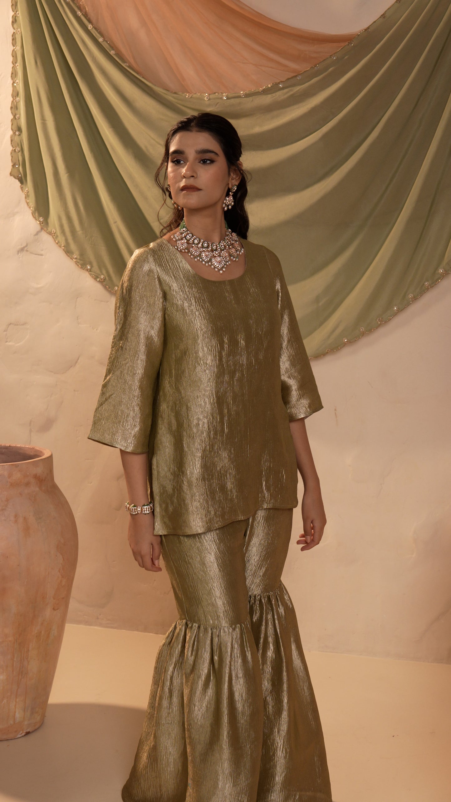 Sharmila Peach Grey Sharara Set