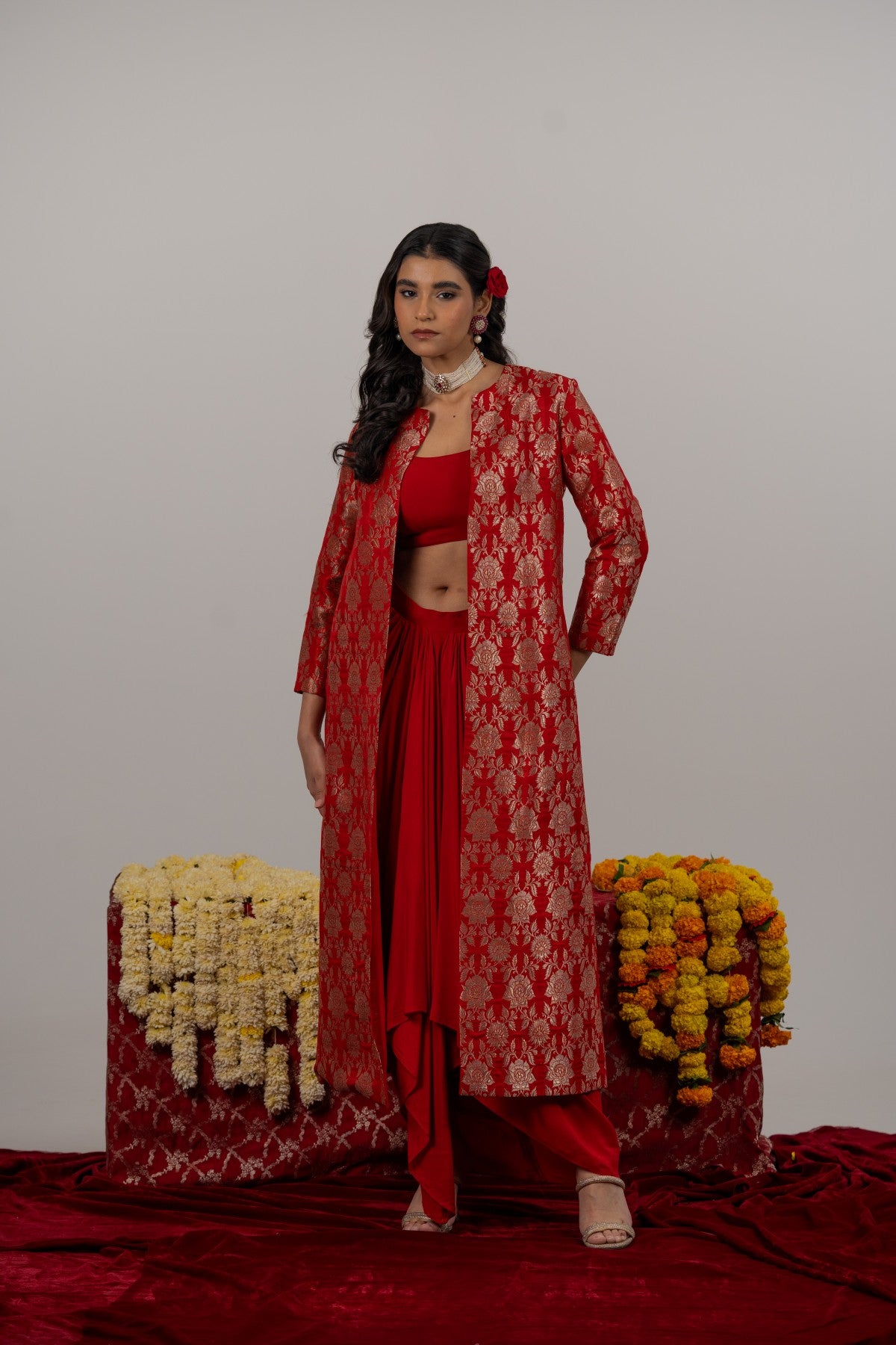 Aahana Maroon Crop Top & Drape Skirt with Long Benarasi Jacket