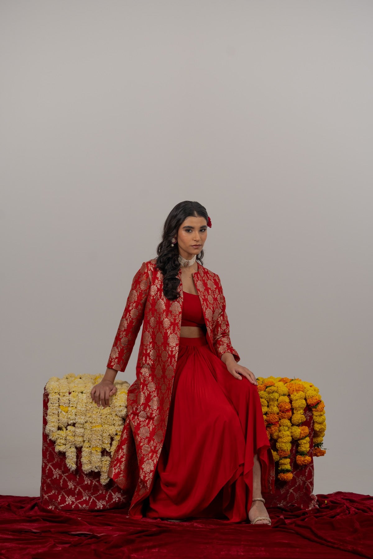 Aahana Maroon Crop Top & Drape Skirt with Long Benarasi Jacket